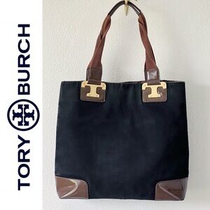 Tory Burch Large Black Canvas Brown Patent Gold Logo Purse Tote Bag